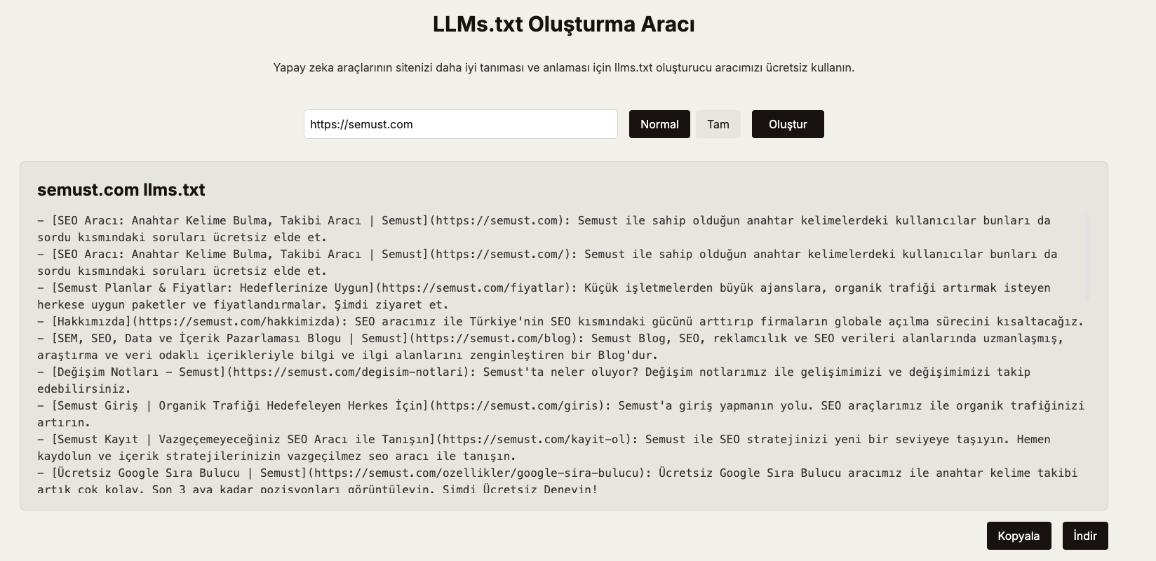 Semust Llms Txt Olusturma aracı