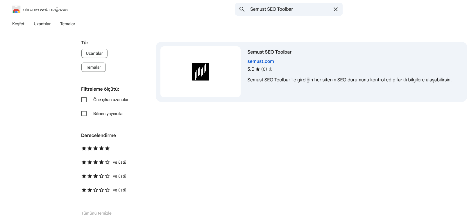 Chrome Web Mağazası'ndaki Semust SEO Toolbar sayfasına gidin.